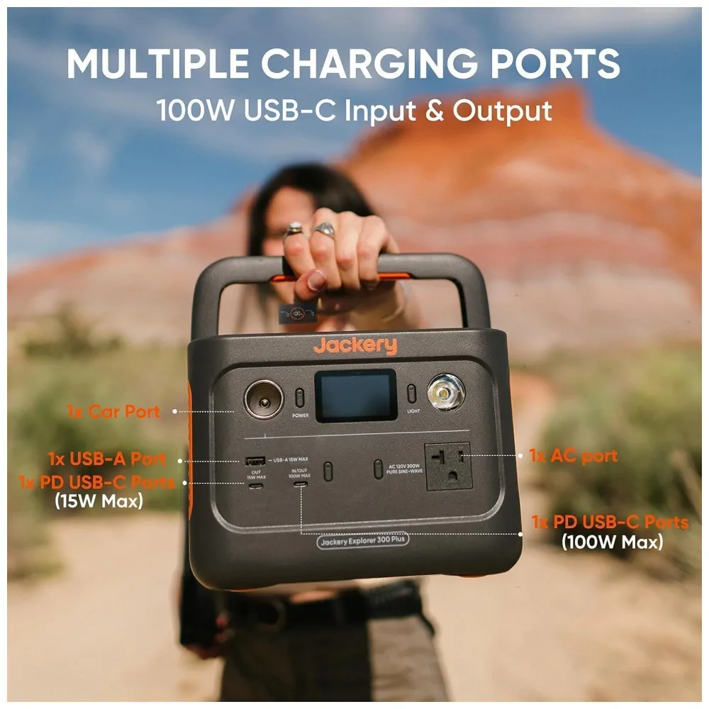 Kit Gerador de Energia Solar Portátil 300 Plus com Painel Solar SolarSaga 100W e Bateria de 288Wh LiFePO4, 110V, Jackery, Preto e Laranja