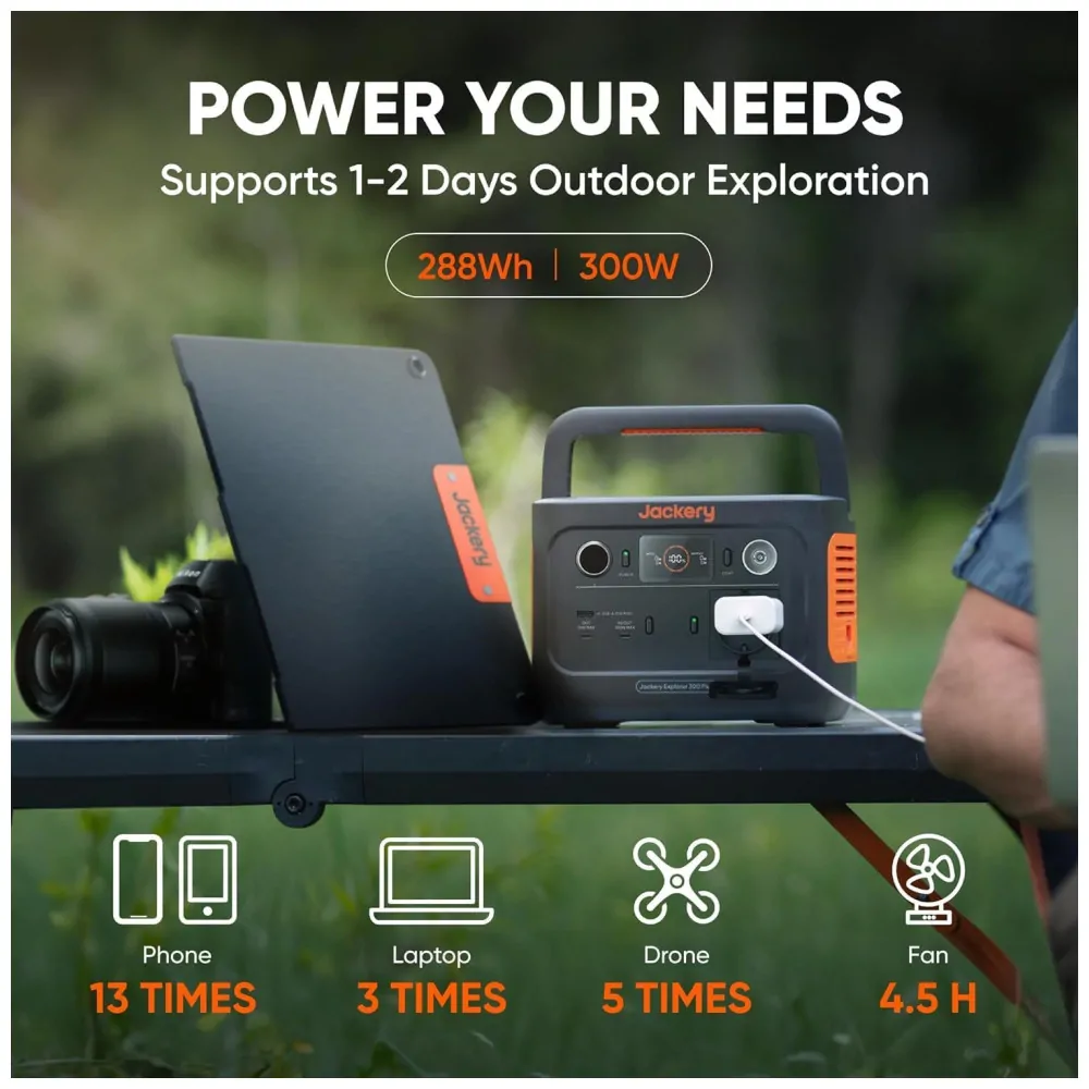 Kit Gerador de Energia Solar Portátil 300 Plus com Painel Solar SolarSaga 100W e Bateria de 288Wh LiFePO4, 110V, Jackery, Preto e Laranja