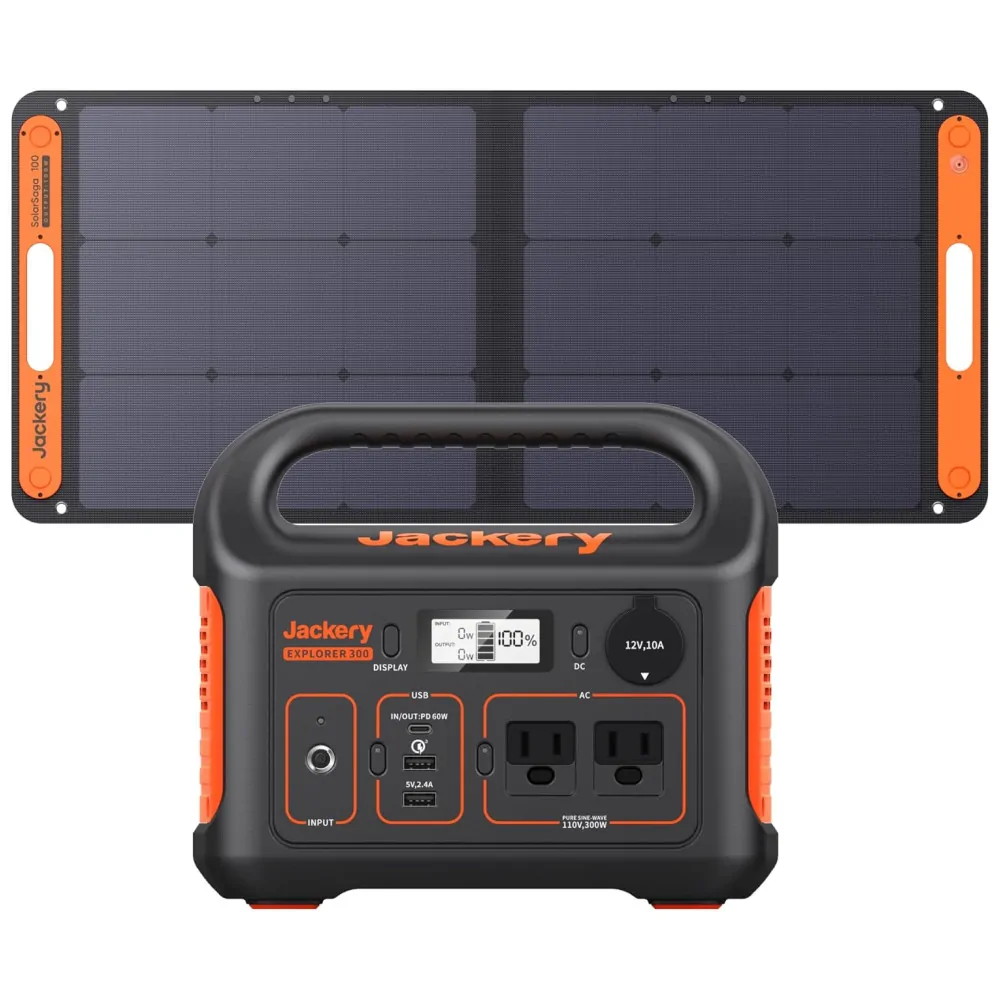 Gerador de Energia Solar Portátil Explorer 300 com e Bateria de Lítio de 293Wh e Painel Solar de 100W, 110V, Jackery, Preto e Laranja