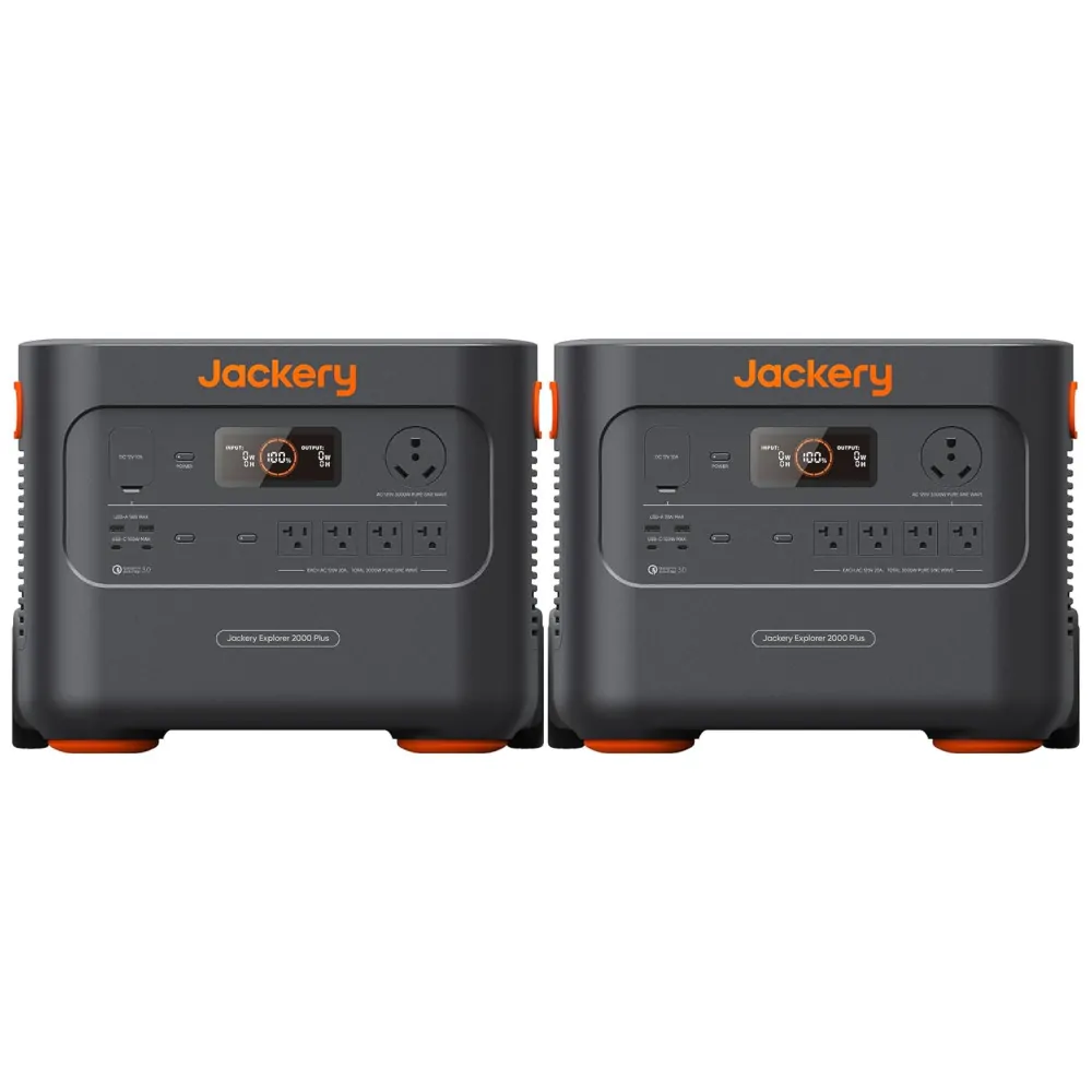 Kit 2 Geradores de Energia Solar Portáteis Explorer 2000 Plus, Bateria de 4085Wh, 3000W 110V, Jakery, Preto e Laranja
